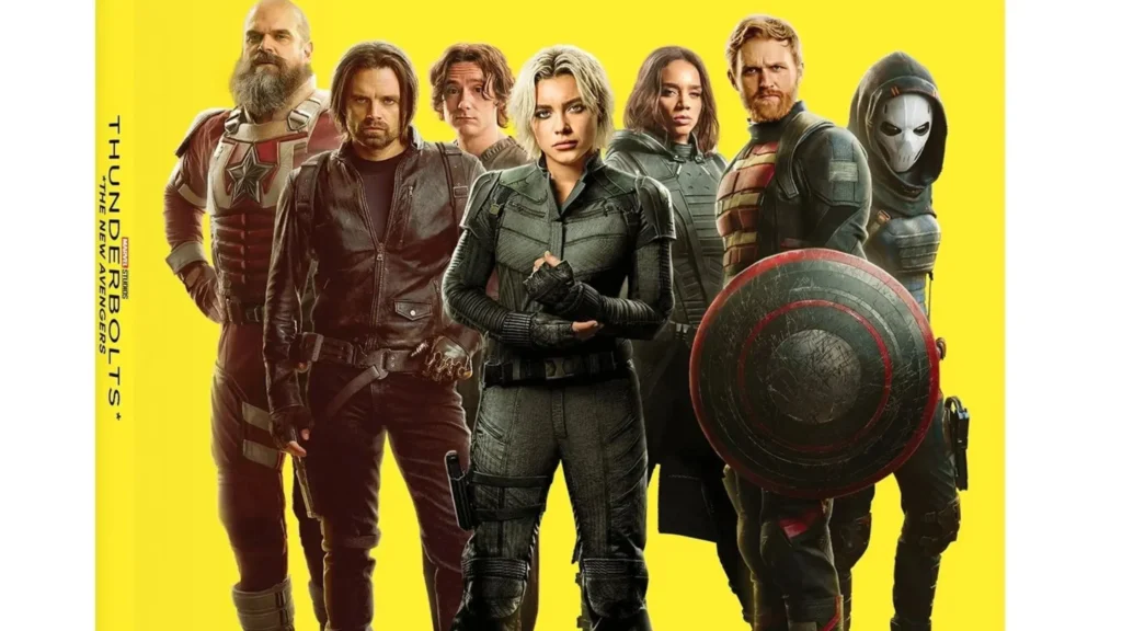 Promotional banner for Marvel's Thunderbolts* against a vibrant yellow background featuring Yelena Belova, Bucky Barnes, Red Guardian, Ghost, U.S. Agent, Taskmaster, and Bob.