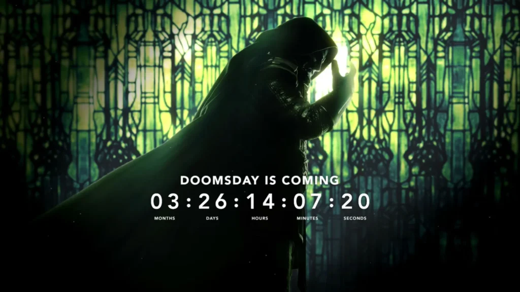 Silhouetted Doctor Doom standing in profile against a glowing green stained-glass backdrop, featuring a digital "Doomsday is Coming" countdown timer overlay.