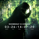 Silhouetted Doctor Doom standing in profile against a glowing green stained-glass backdrop, featuring a digital "Doomsday is Coming" countdown timer overlay.