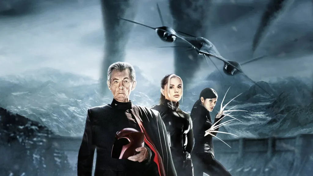 Ian McKellen as Magneto holding his helmet, Rogue, and Lady Deathstrike standing in front of dark tornadoes and the X-Jet in X2: X-Men United.