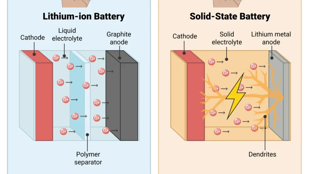 Structural comparison diagram of a conventional liquid lithium-ion battery versus an all-solid-state battery with dendrite formation.