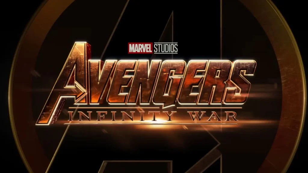 The official metallic gold logo for Marvel Studios' Avengers: Infinity War set against a dark background.