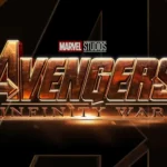 The official metallic gold logo for Marvel Studios' Avengers: Infinity War set against a dark background.