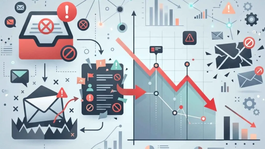 Conceptual illustration showing email icons falling into traps and a declining line graph representing dropping sender reputation and deliverability rates.