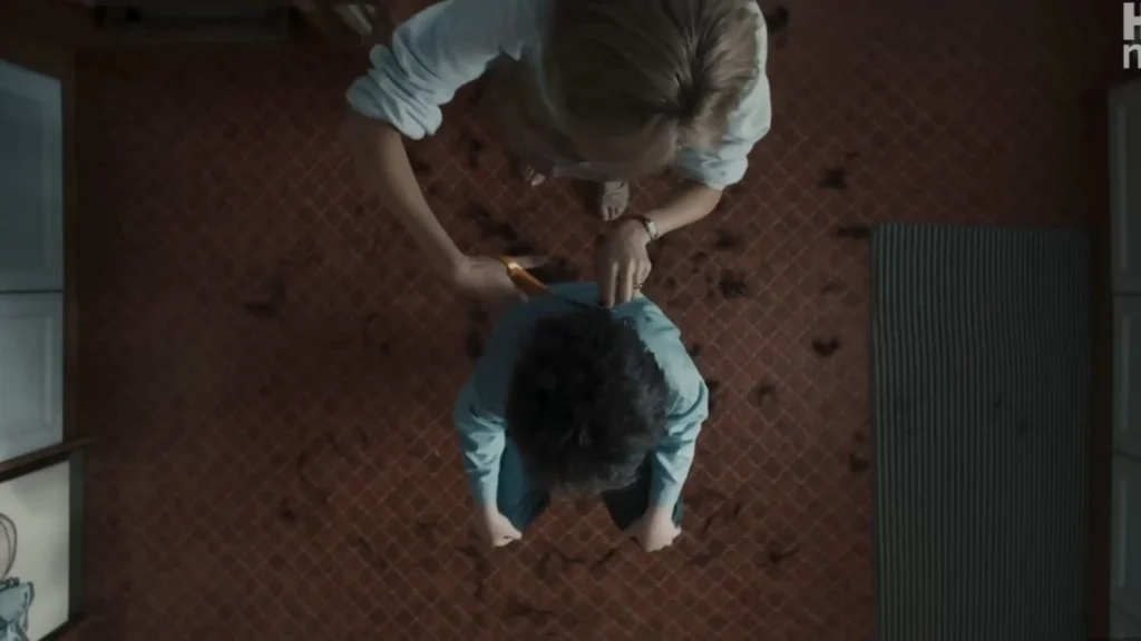 Aunt Petunia holding kitchen scissors over a young Harry Potter with a pile of cut dark hair on the floor.