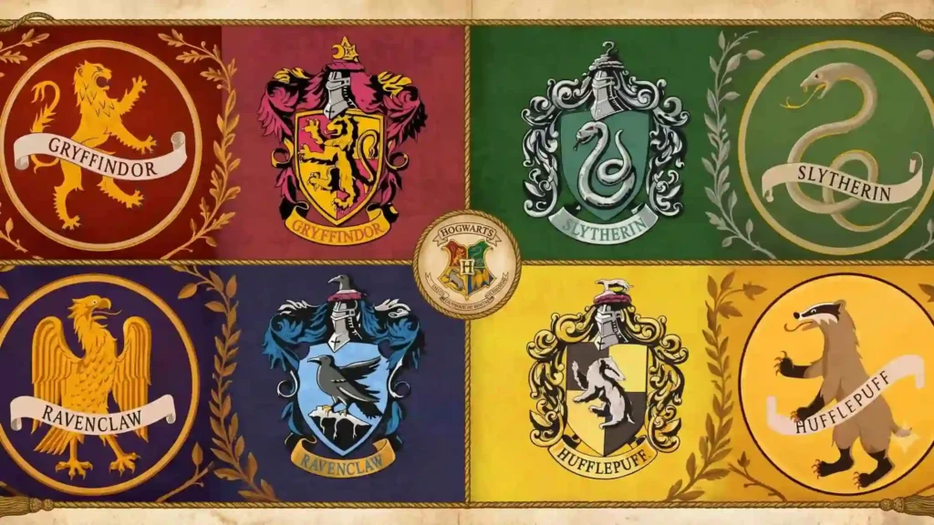 Display of house banners for Gryffindor, Slytherin, Ravenclaw, and Hufflepuff surrounding the central Hogwarts crest.