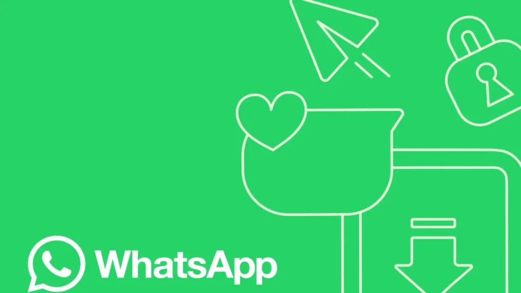 Green vector graphic featuring the WhatsApp logo in the bottom-left corner alongside white line art icons of a heart, speech bubble, paper plane, padlock, and download arrow.