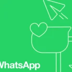 Green vector graphic featuring the WhatsApp logo in the bottom-left corner alongside white line art icons of a heart, speech bubble, paper plane, padlock, and download arrow.
