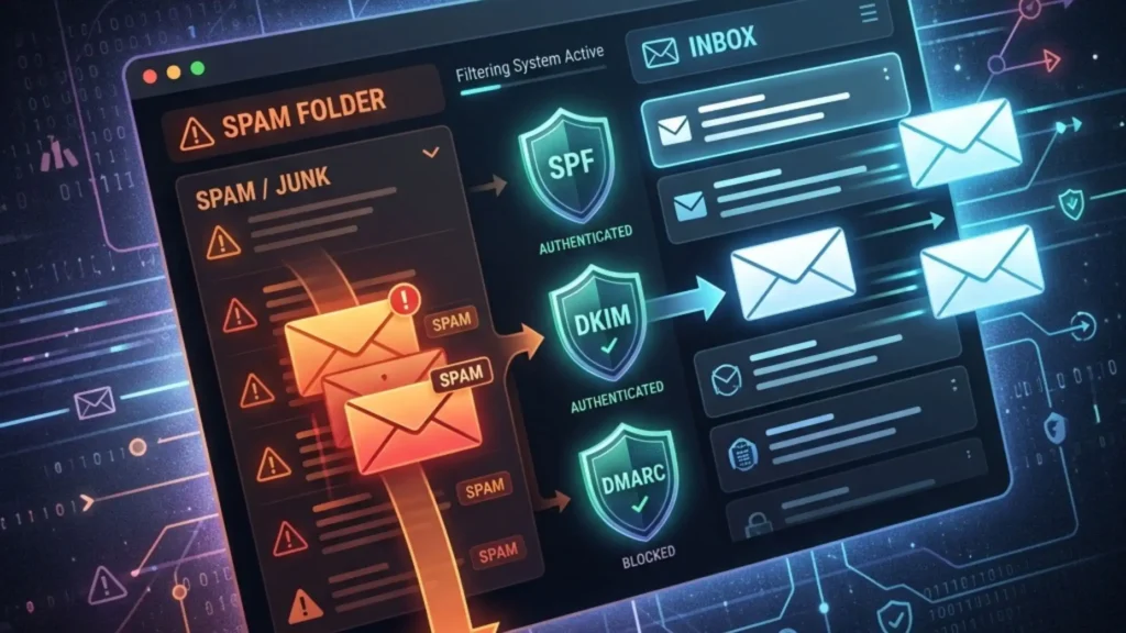 Digital graphic illustrating email deliverability filtering with SPF, DKIM, and DMARC authentication shields routing emails between a red spam folder and a blue inbox dashboard.
