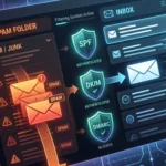 Digital graphic illustrating email deliverability filtering with SPF, DKIM, and DMARC authentication shields routing emails between a red spam folder and a blue inbox dashboard.